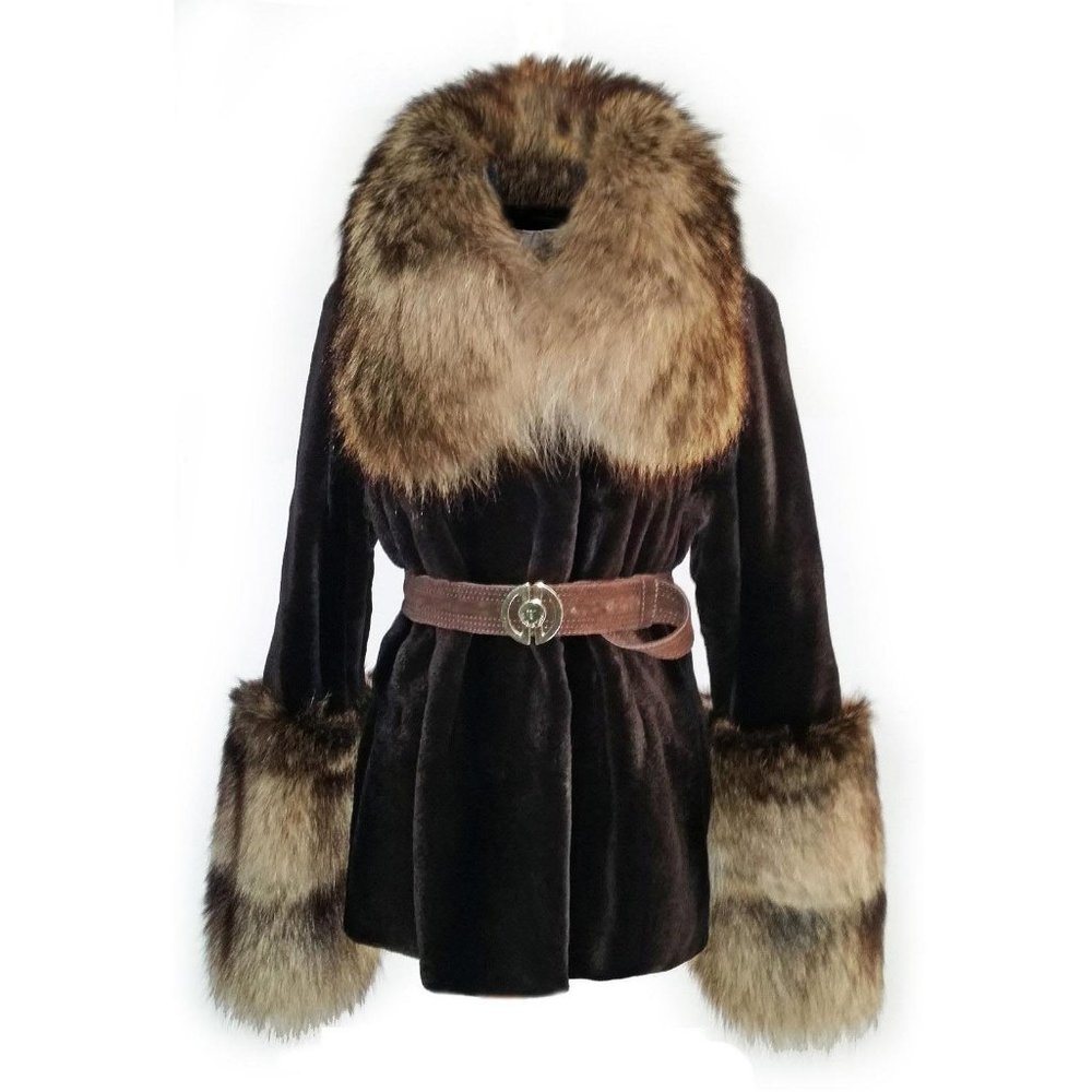 LUXURIOUS SHEARED MINK FUR COAT/JACKET BY GIULIANA TESO WITH RACCOON TRIM